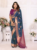 Anaita Navy Blue Silk Weaving Saree With Blouse | Grocsy