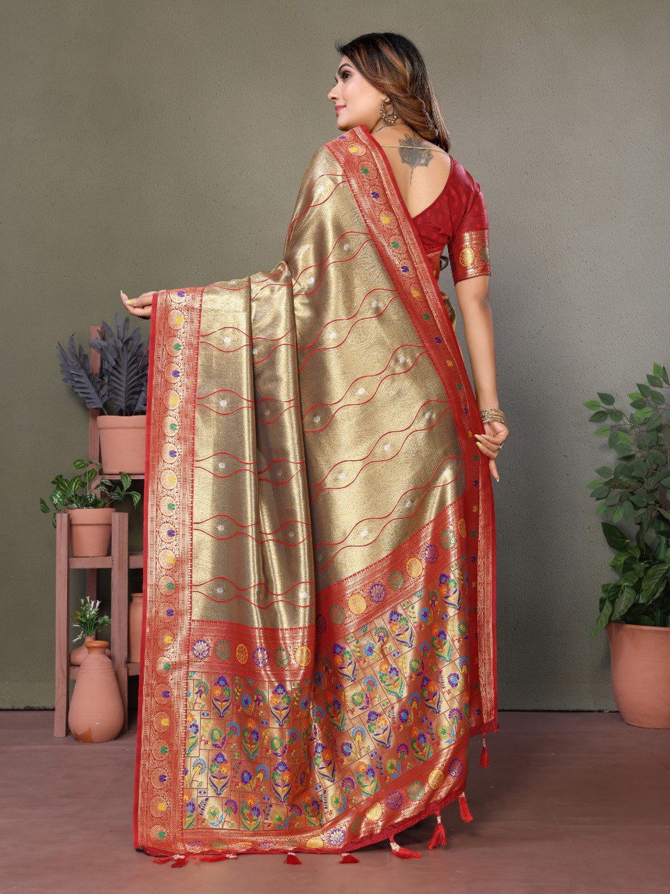 Anaita Light Red Tissue Silk With Weaving Saree With Blouse | Grocsy