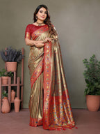 Anaita Light Red Tissue Silk With Weaving Saree With Blouse | Grocsy
