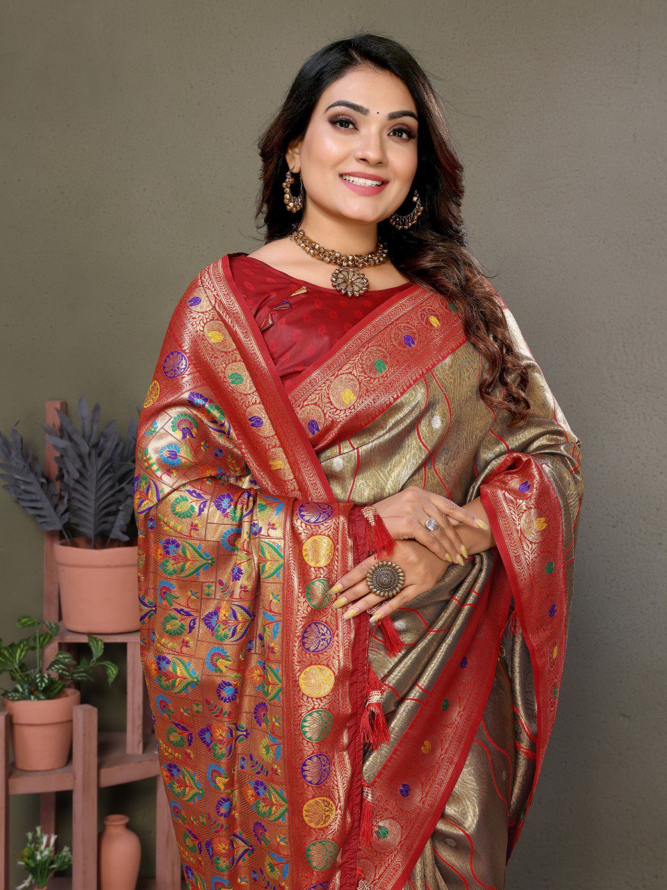 Anaita Light Red Tissue Silk With Weaving Saree With Blouse | Grocsy