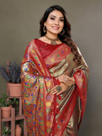 Anaita Light Red Tissue Silk With Weaving Saree With Blouse | Grocsy