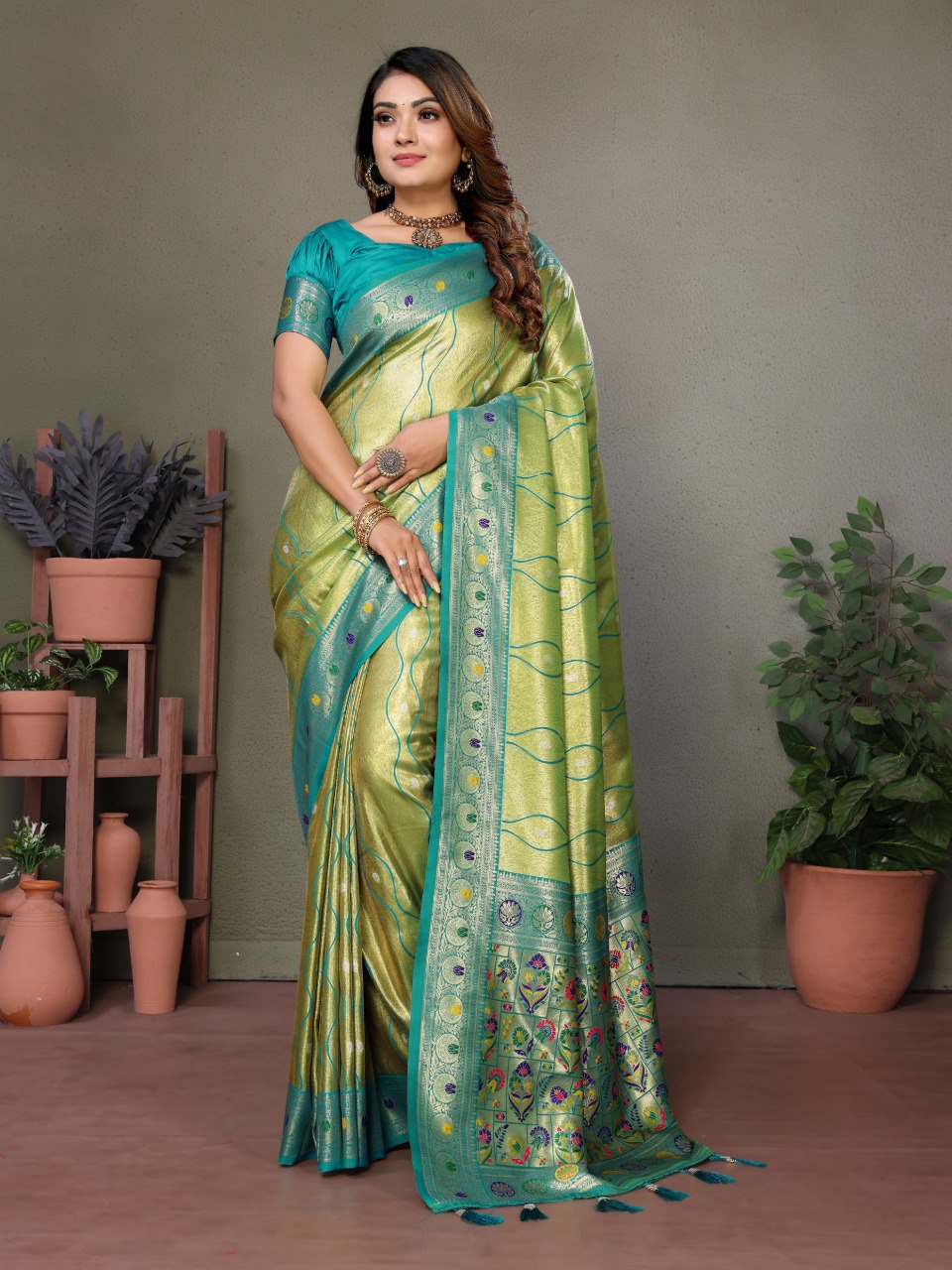 Anaita Green Tissue Silk With Weaving Saree With Blouse | Grocsy