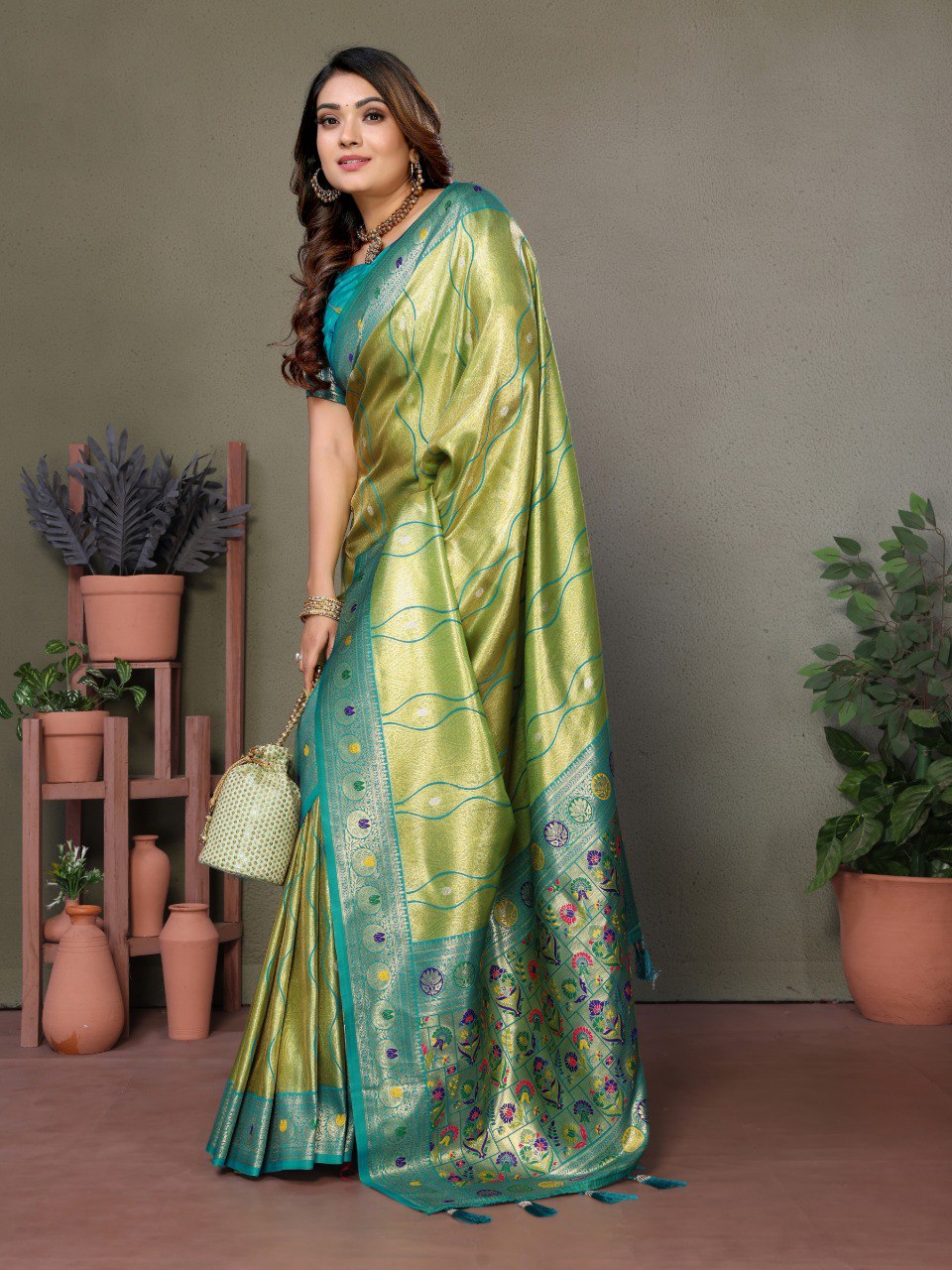 Anaita Green Tissue Silk With Weaving Saree With Blouse | Grocsy