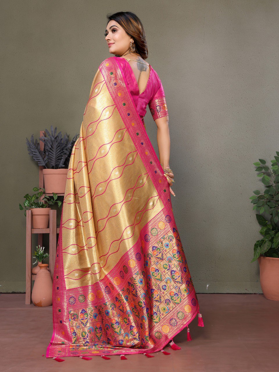 Anaita Dark Golden Tissue Silk With Weaving Saree With Blouse | Grocsy