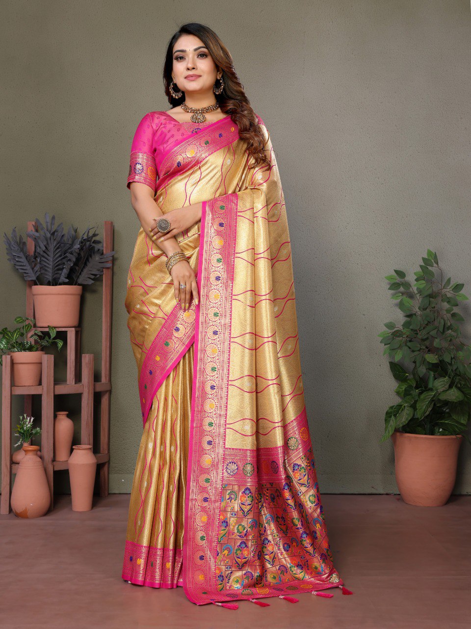 Anaita Dark Golden Tissue Silk With Weaving Saree With Blouse | Grocsy