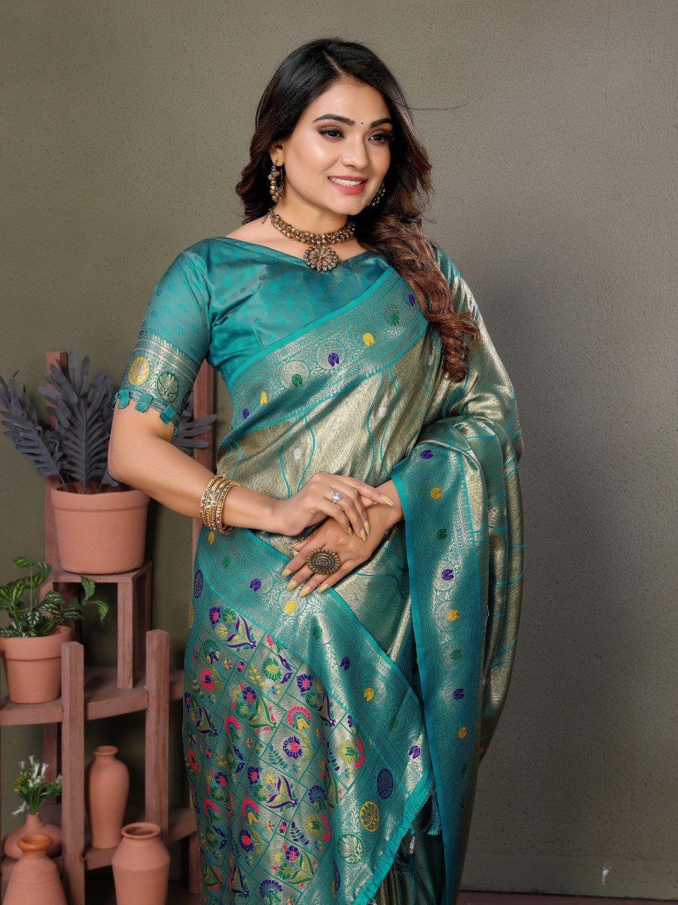Anaita Light Green Tissue Silk With Weaving Saree With Blouse | Grocsy