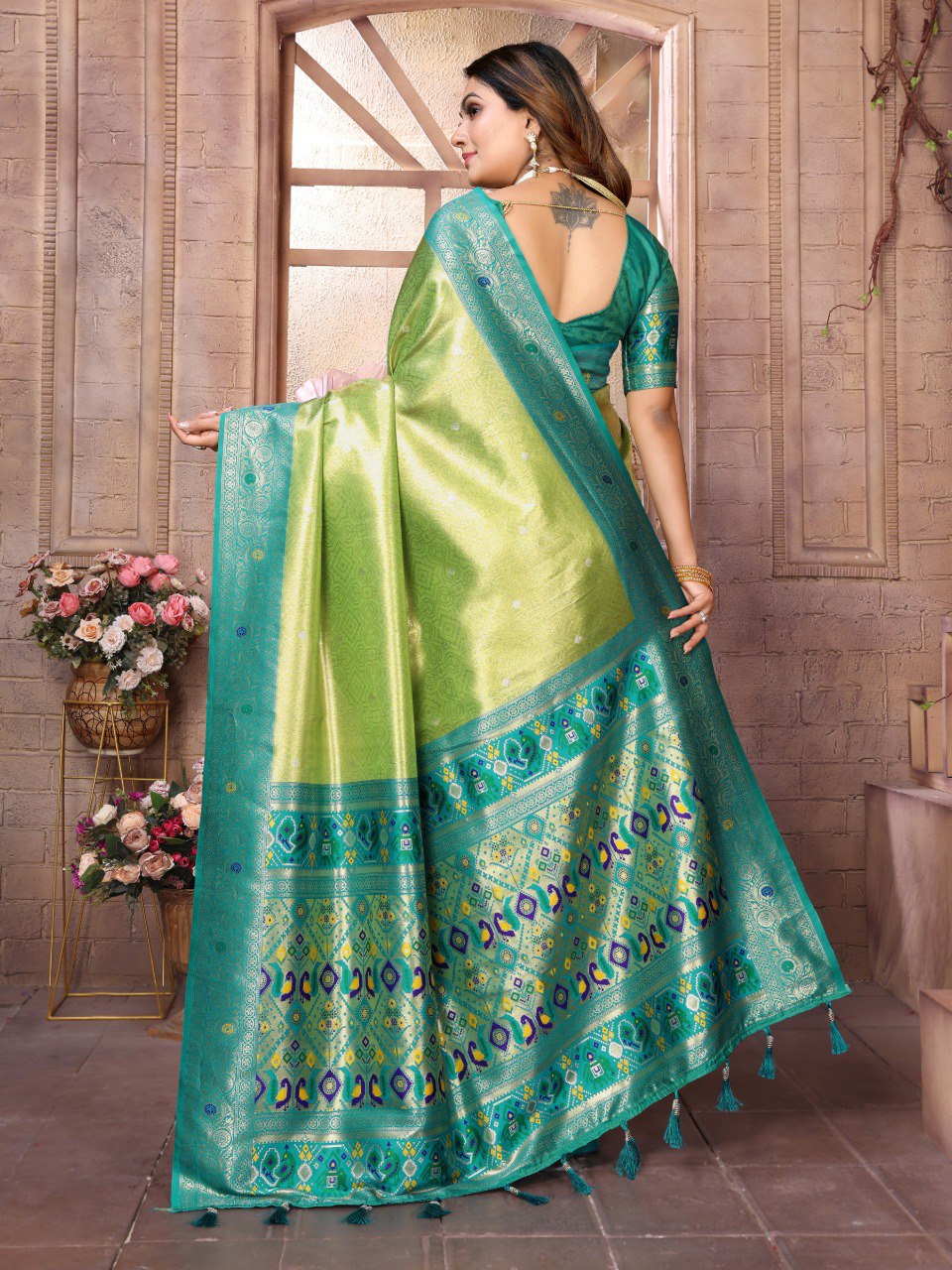 Anaita Green Tissue Silk With Weaving Saree With Blouse | Grocsy