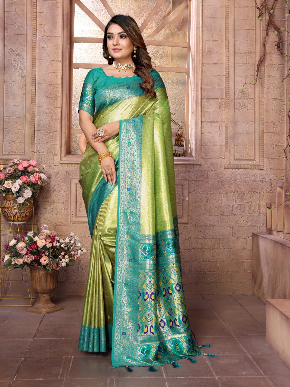 Anaita Green Tissue Silk With Weaving Saree With Blouse | Grocsy