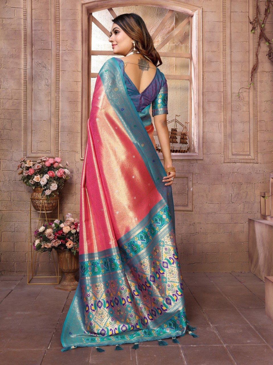 Anaita Light Red Tissue Silk With Weaving Saree With Blouse | Grocsy