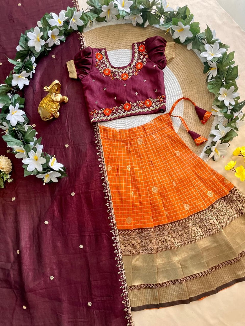 Evanik Maroon Vichitra Silk Zari With Heavy Maggam Work Kids Half Saree | Grocsy