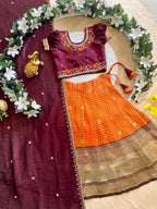 Evanik Maroon Vichitra Silk Zari With Heavy Maggam Work Kids Half Saree | Grocsy