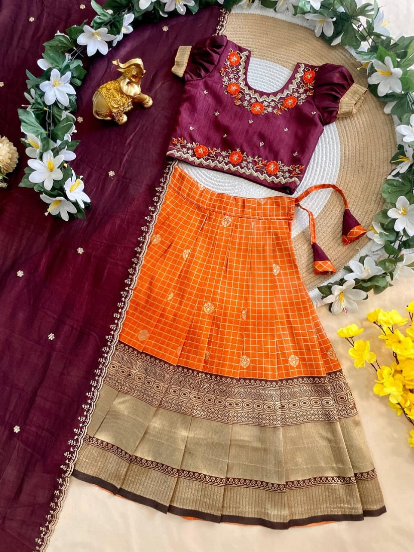 Evanik Maroon Vichitra Silk Zari With Heavy Maggam Work Kids Half Saree | Grocsy