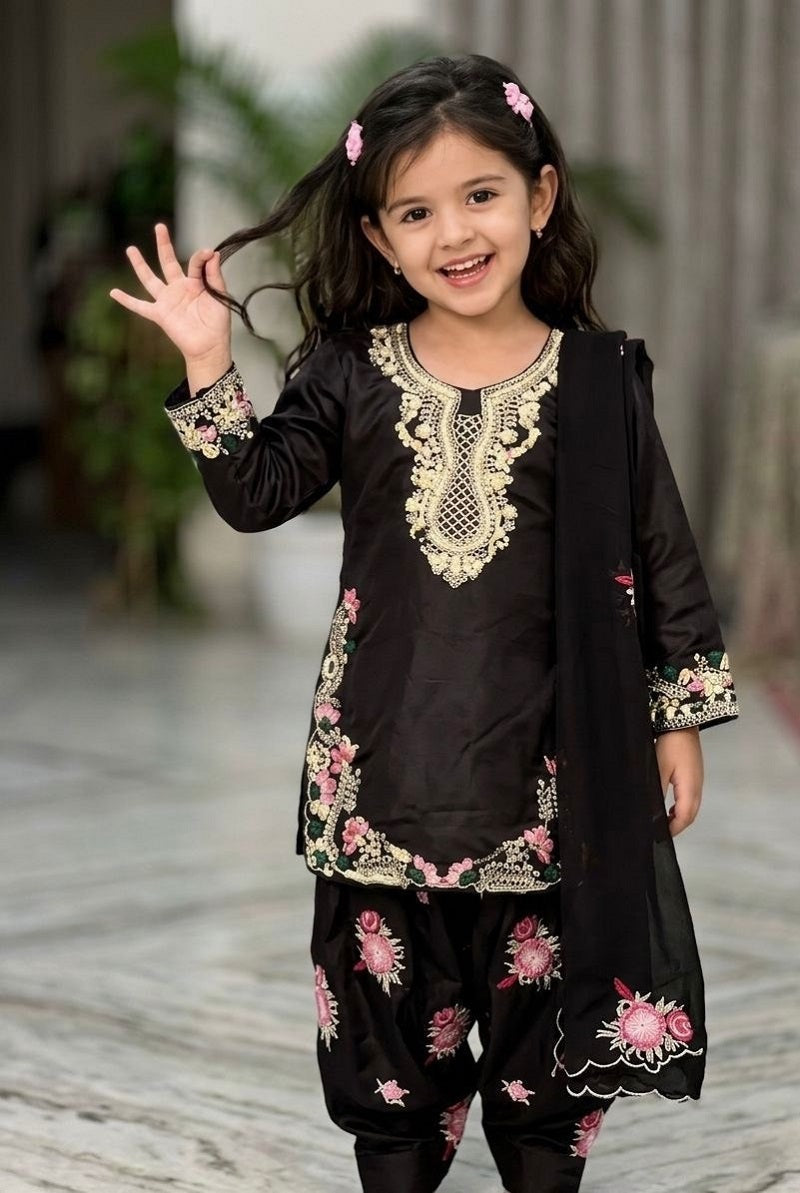 Evanik Black Designer Party Wear Heavy Natural Crep Kids Patiala Set | Grocsy