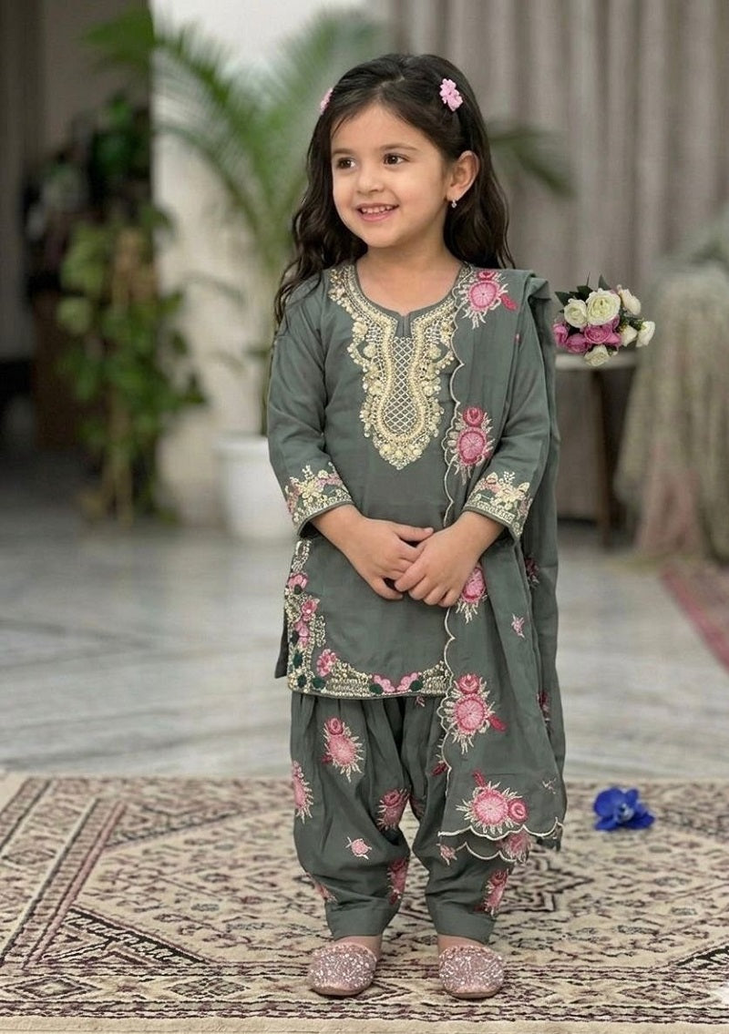 Evanik Grey Designer Party Wear Heavy Natural Crep Kids Patiala Set | Grocsy