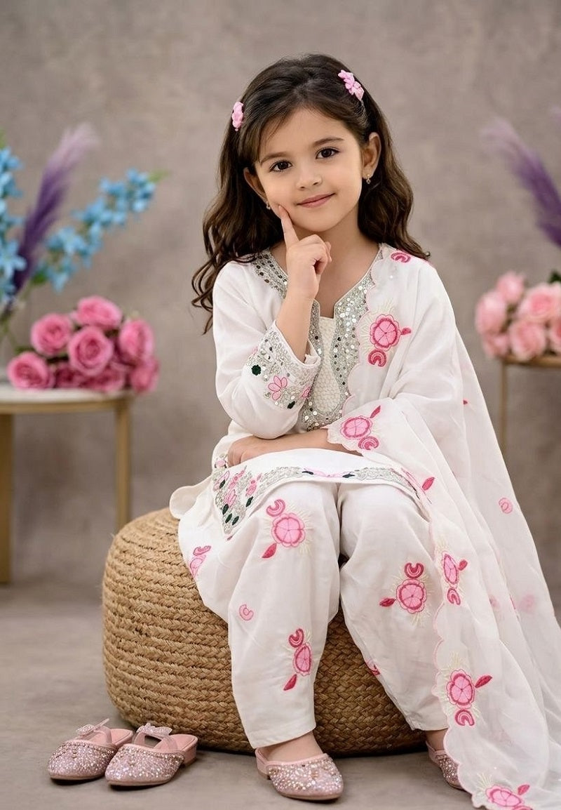 Evanik White Designer Party Wear Heavy Natural Crep Kids Patiala Set | Grocsy