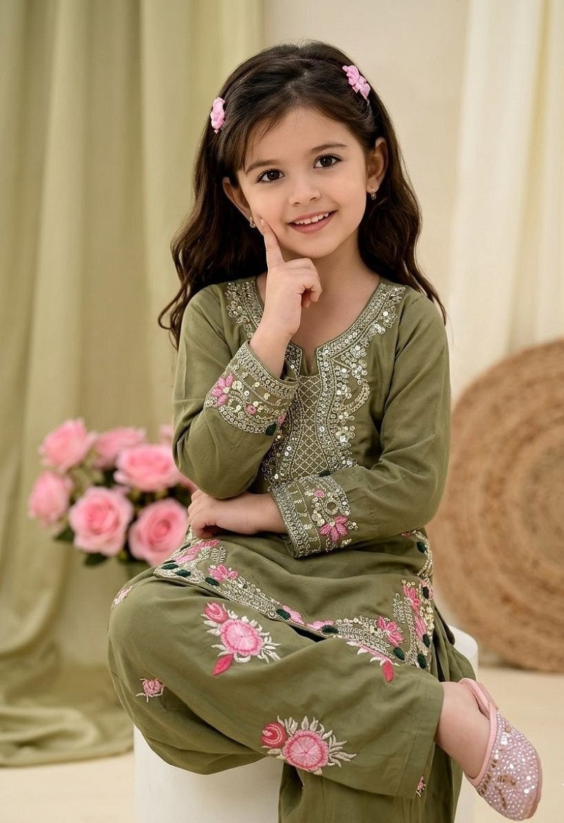 Evanik Green Designer Party Wear Heavy Natural Crep Kids Patiala Set | Grocsy