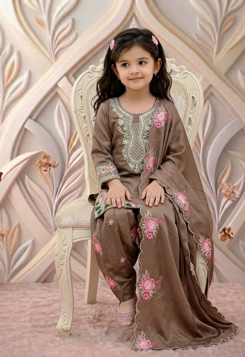 Evanik Brown Designer Party Wear Heavy Natural Crep Kids Patiala Set | Grocsy