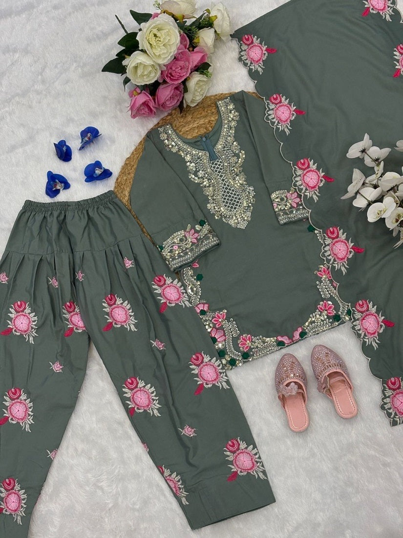 Evanik Grey Designer Party Wear Heavy Natural Crep Kids Patiala Set | Grocsy