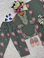 Evanik Grey Designer Party Wear Heavy Natural Crep Kids Patiala Set | Grocsy