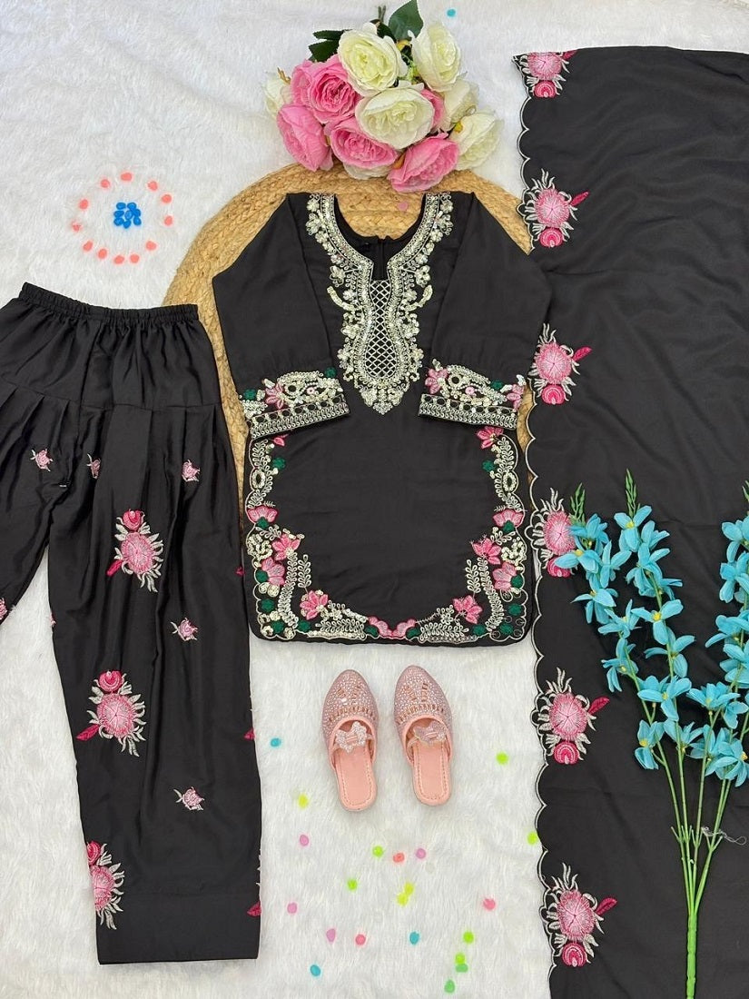 Evanik Black Designer Party Wear Heavy Natural Crep Kids Patiala Set | Grocsy