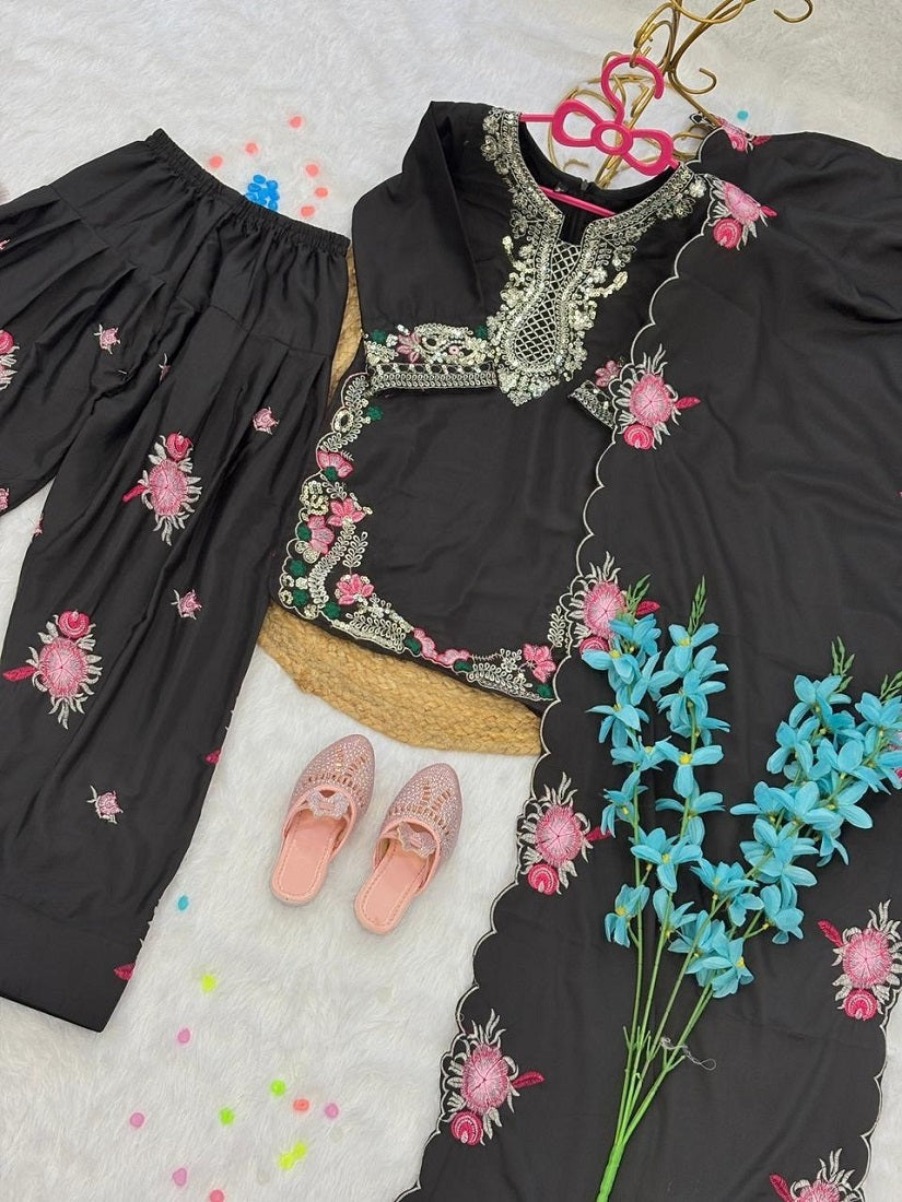 Evanik Black Designer Party Wear Heavy Natural Crep Kids Patiala Set | Grocsy