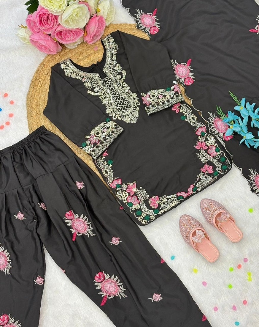 Evanik Black Designer Party Wear Heavy Natural Crep Kids Patiala Set | Grocsy