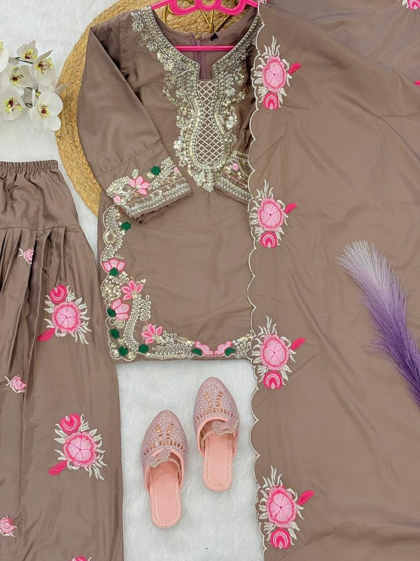 Evanik Brown Designer Party Wear Heavy Natural Crep Kids Patiala Set | Grocsy