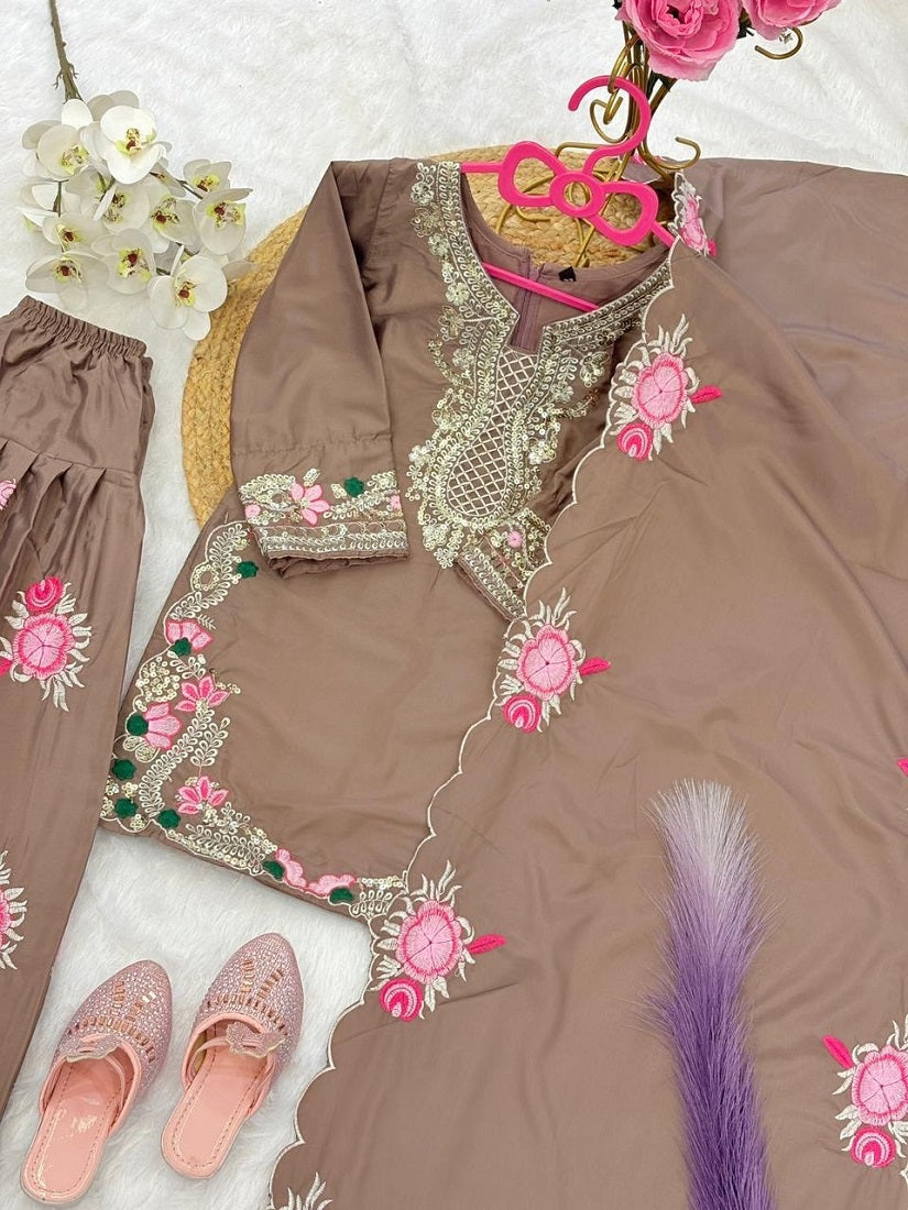 Evanik Brown Designer Party Wear Heavy Natural Crep Kids Patiala Set | Grocsy