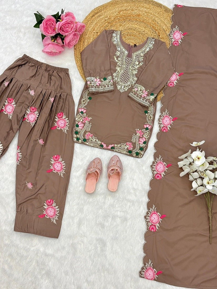 Evanik Brown Designer Party Wear Heavy Natural Crep Kids Patiala Set | Grocsy
