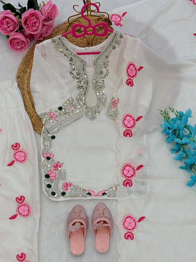 Evanik White Designer Party Wear Heavy Natural Crep Kids Patiala Set | Grocsy