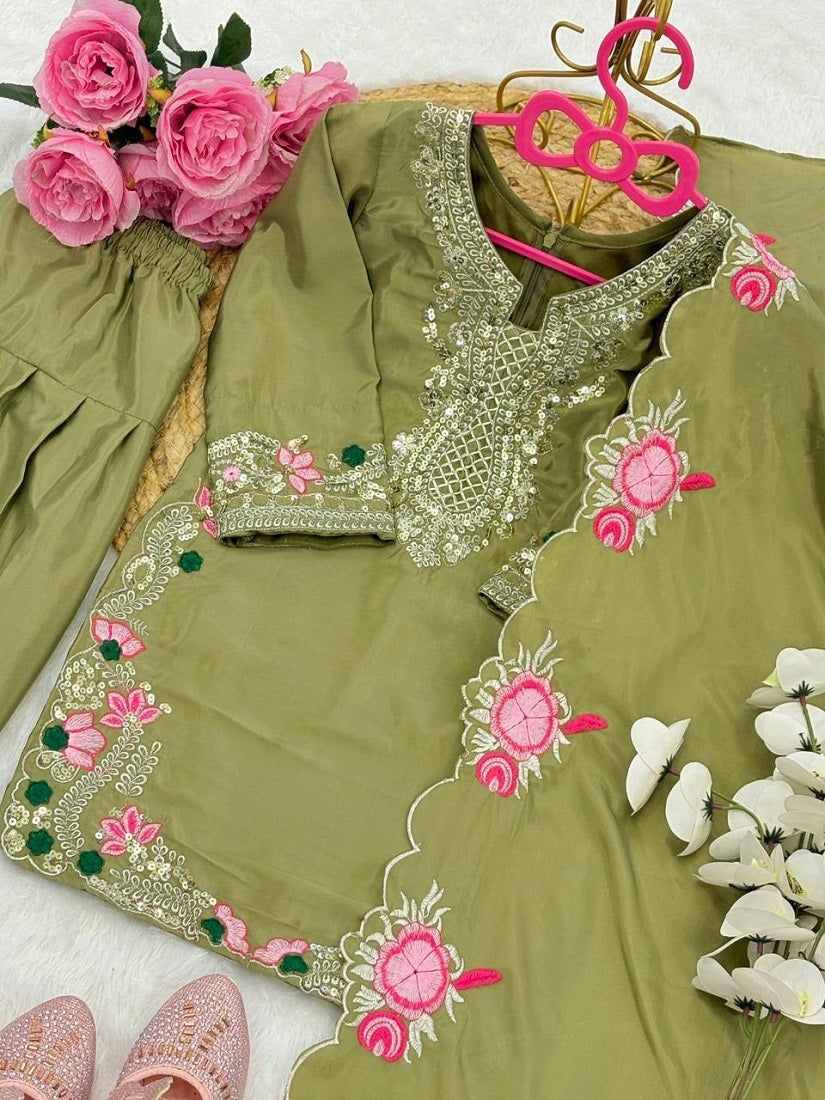Evanik Green Designer Party Wear Heavy Natural Crep Kids Patiala Set | Grocsy