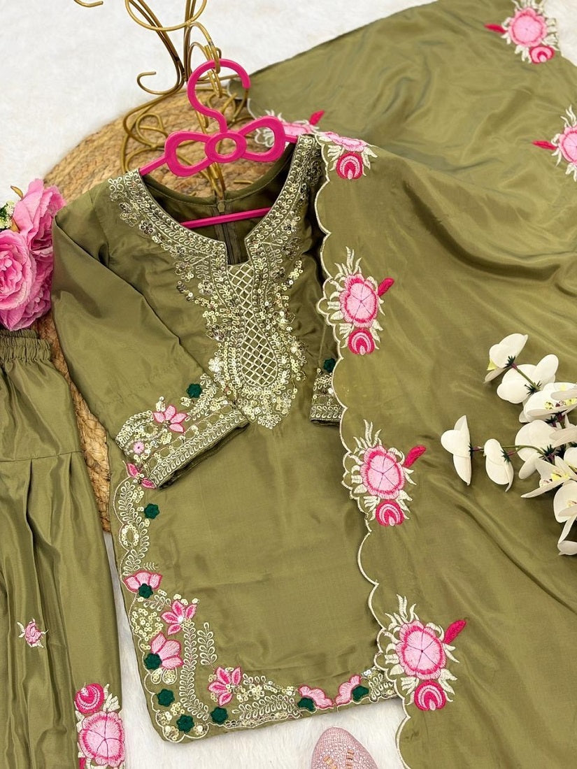 Evanik Green Designer Party Wear Heavy Natural Crep Kids Patiala Set | Grocsy
