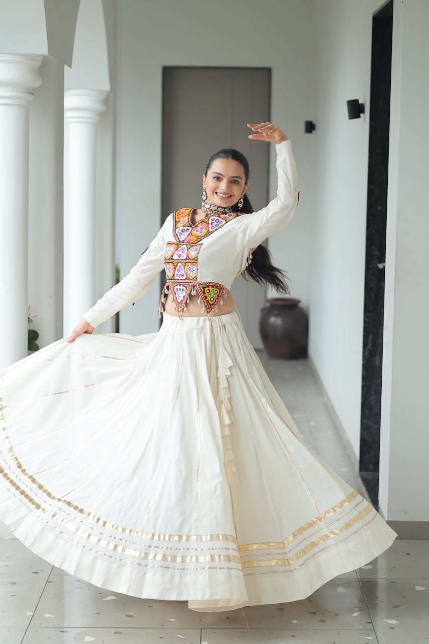 Evanik Navratri Off White Kora Cotton With Kutchi Work Stitched Lehenga Choli | Grocsy
