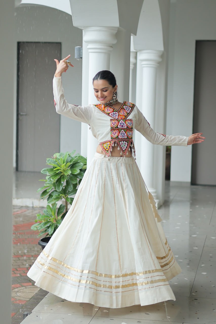 Evanik Navratri Off White Kora Cotton With Kutchi Work Stitched Lehenga Choli | Grocsy