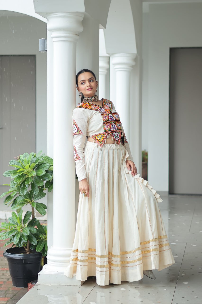Evanik Navratri Off White Kora Cotton With Kutchi Work Stitched Lehenga Choli | Grocsy