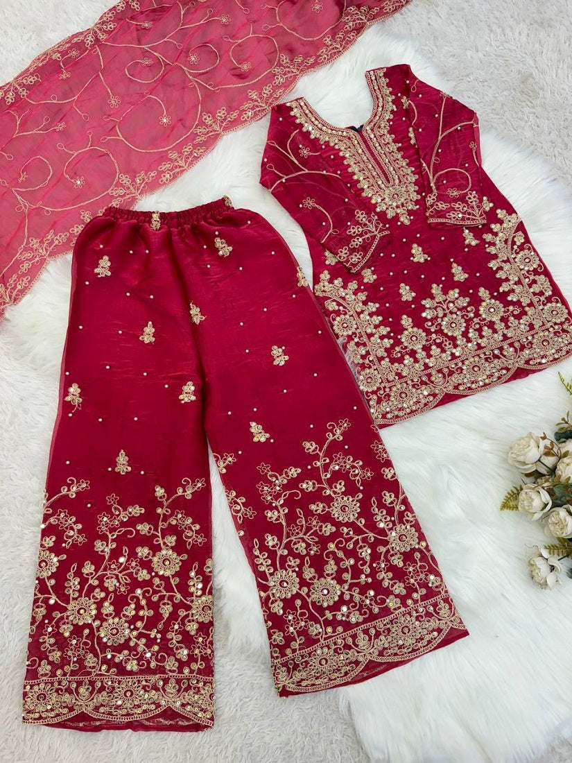 Evanik Pink Designer Wedding Embroidered Work Kids Palazzo Set | Grocsy