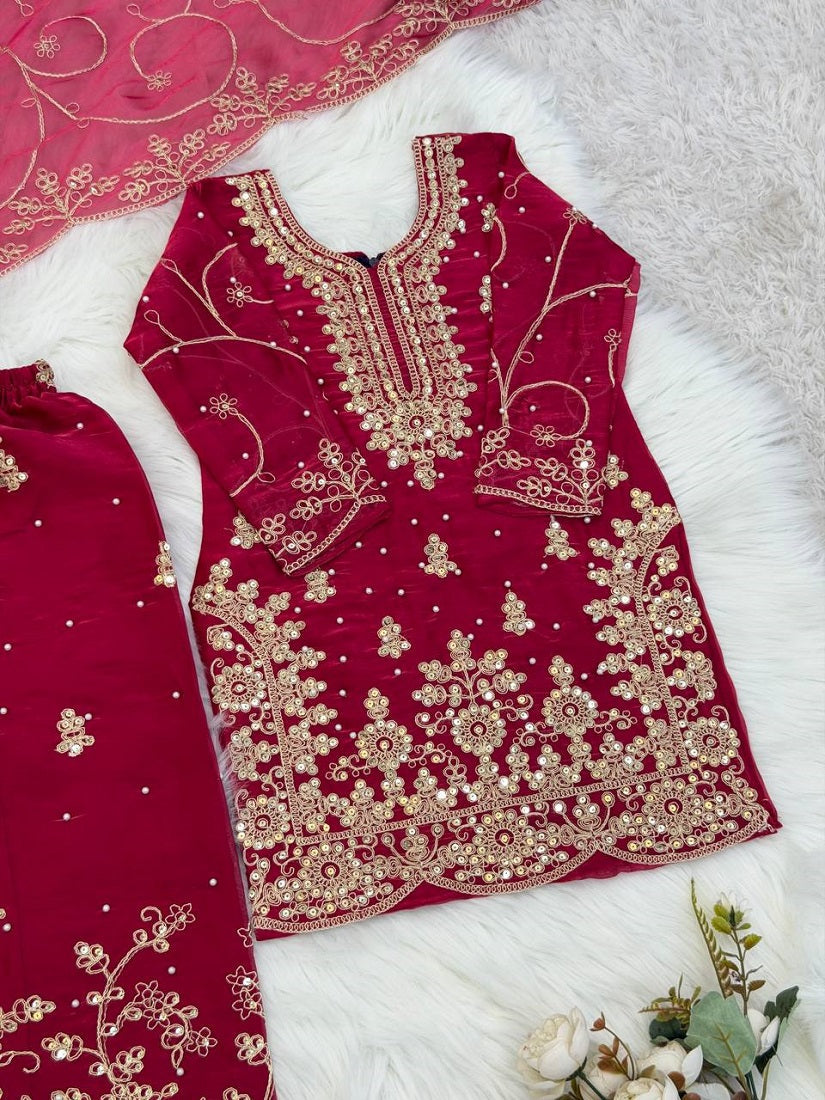 Evanik Pink Designer Wedding Embroidered Work Kids Palazzo Set | Grocsy