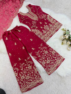 Evanik Pink Designer Wedding Embroidered Work Kids Palazzo Set | Grocsy