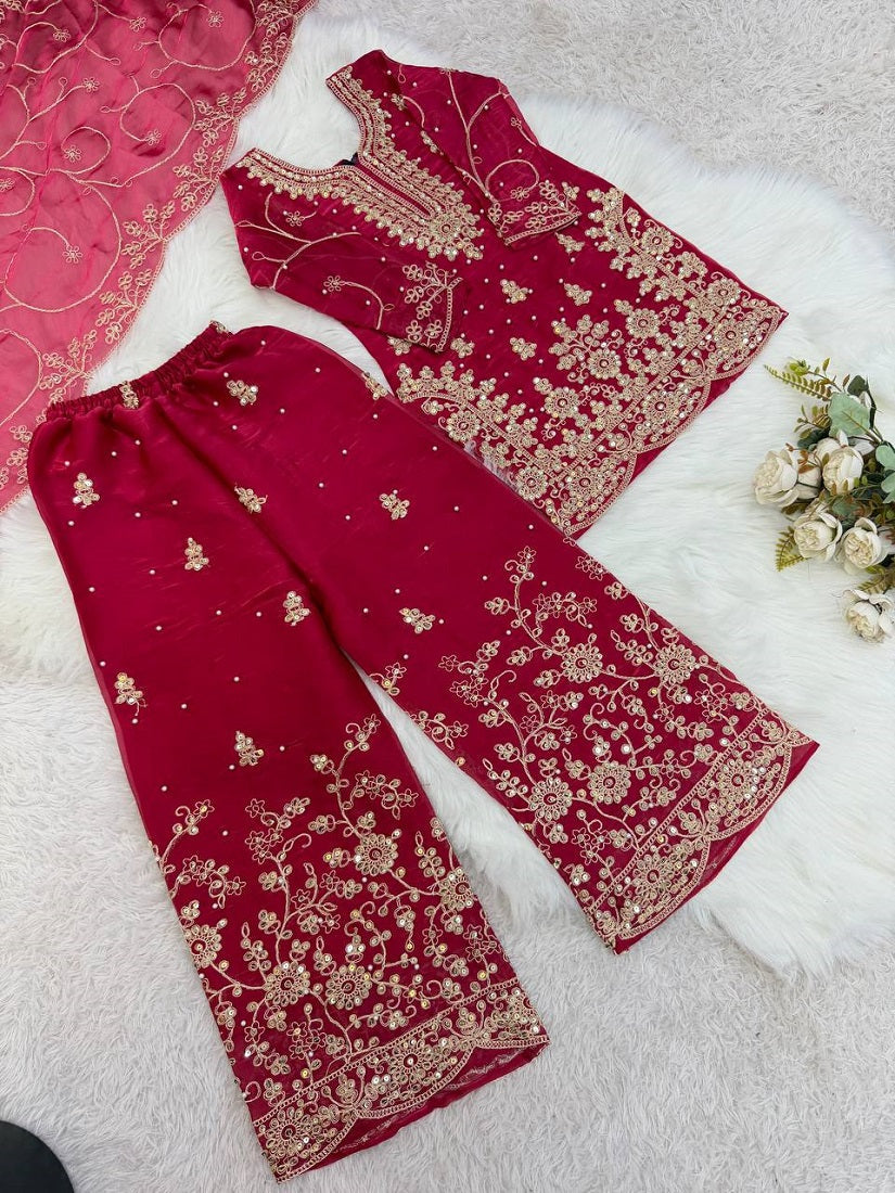 Evanik Pink Designer Wedding Embroidered Work Kids Palazzo Set | Grocsy