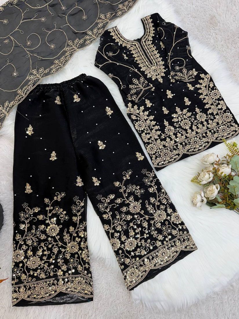 Evanik Black Designer Wedding Embroidered Work Kids Palazzo Set | Grocsy