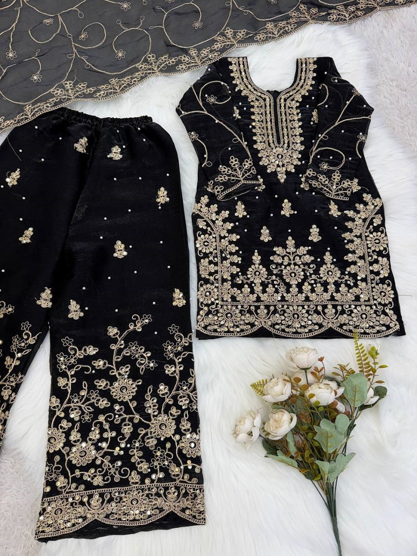 Evanik Black Designer Wedding Embroidered Work Kids Palazzo Set | Grocsy