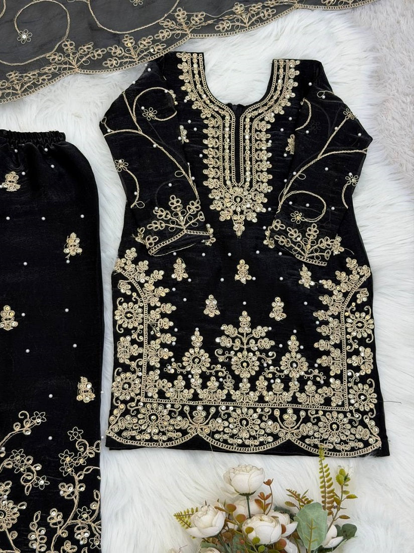 Evanik Black Designer Wedding Embroidered Work Kids Palazzo Set | Grocsy