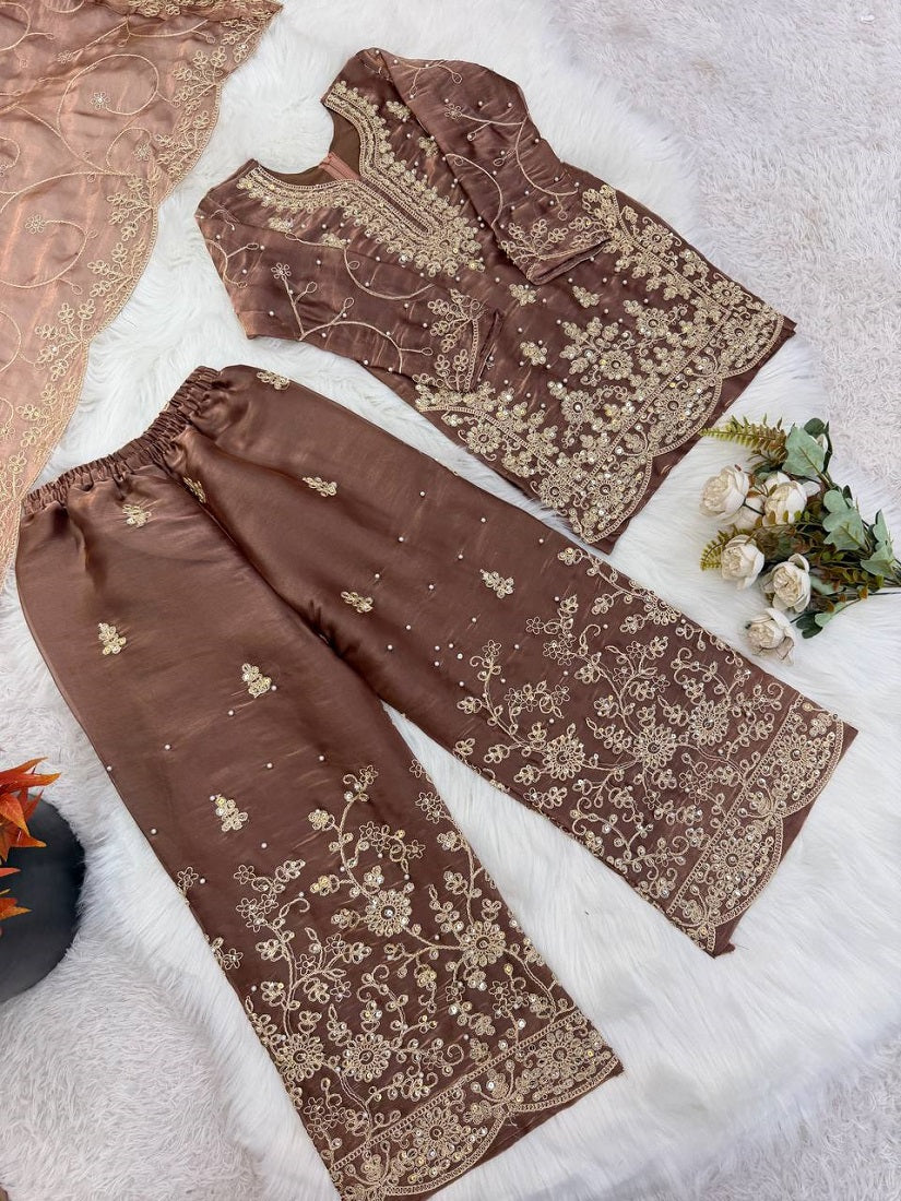 Evanik Brown Designer Wedding Embroidered Work Kids Palazzo Set | Grocsy