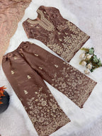 Evanik Brown Designer Wedding Embroidered Work Kids Palazzo Set | Grocsy
