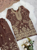 Evanik Brown Designer Wedding Embroidered Work Kids Palazzo Set | Grocsy