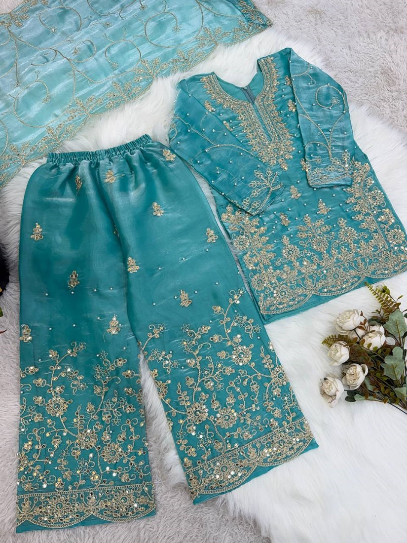 Evanik Turquoise Designer Wedding Embroidered Work Kids Palazzo Set | Grocsy
