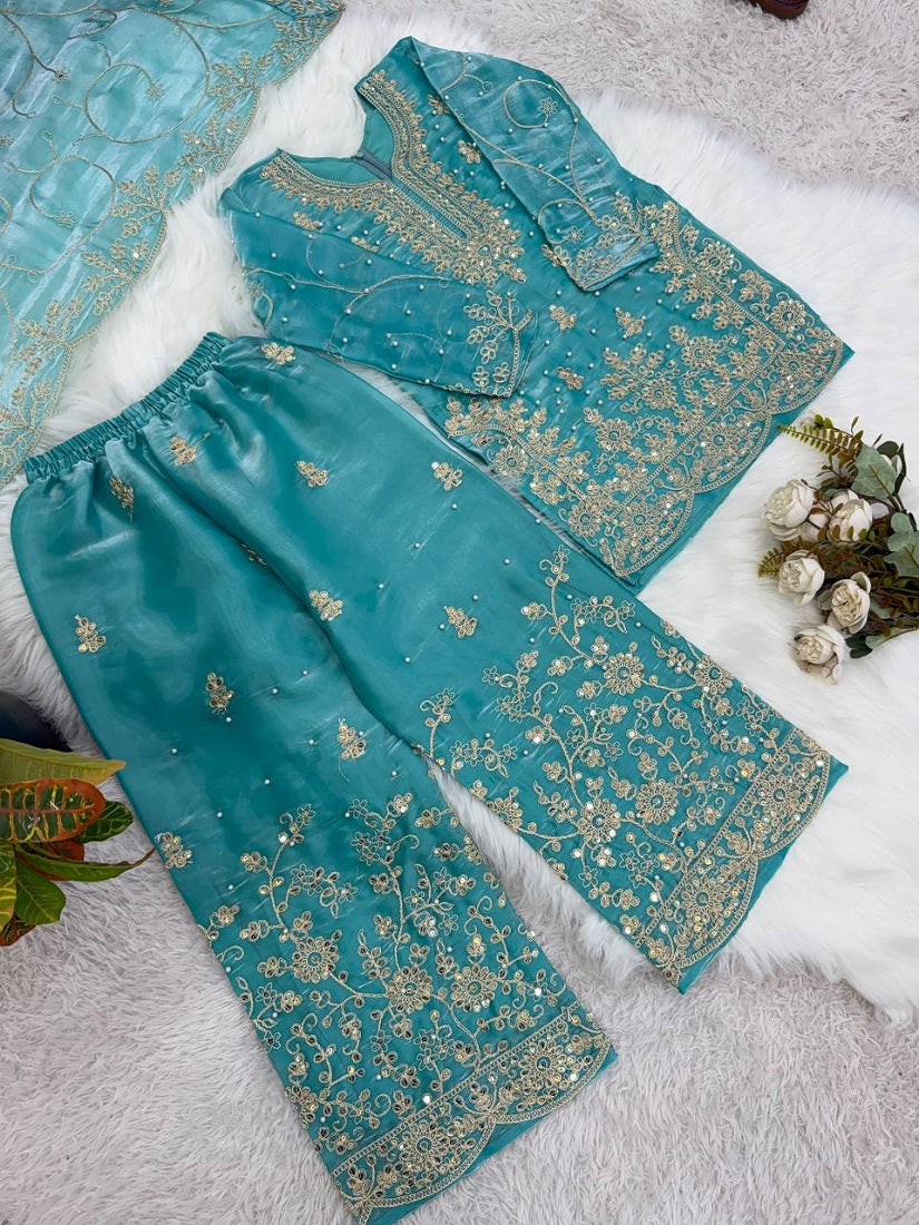 Evanik Turquoise Designer Wedding Embroidered Work Kids Palazzo Set | Grocsy
