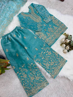 Evanik Turquoise Designer Wedding Embroidered Work Kids Palazzo Set | Grocsy