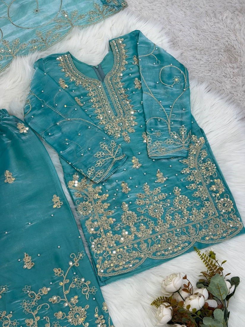 Evanik Turquoise Designer Wedding Embroidered Work Kids Palazzo Set | Grocsy
