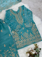 Evanik Turquoise Designer Wedding Embroidered Work Kids Palazzo Set | Grocsy